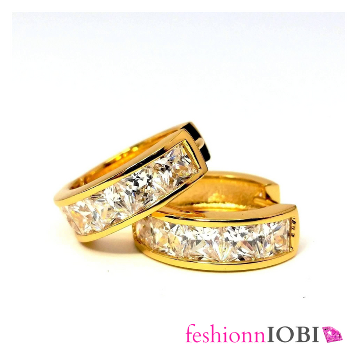 18K Yellow Gold Princess Cut IOBI Crystals Huggie Earrings for Women