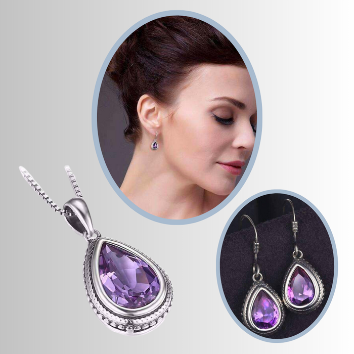 Bezel Set Alexandrite Sapphire Pear Necklace Earrings