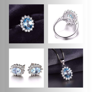 French Blue Topaz Halo Oval Cut Sterling Earrings Ring Necklace