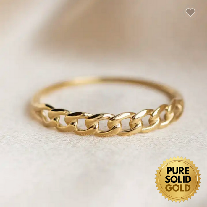 Pure Solid Gold - 14K Solid Yellow Gold Cuban Link Chain Ring for Women