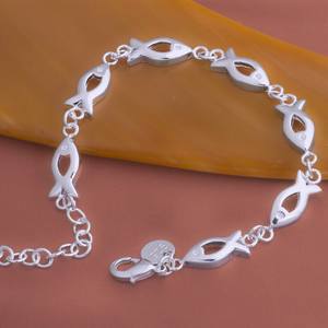 Fish Links Silver Bracelet - Symbolic Icthus Faith Charm - Ocean Lover Jewelry