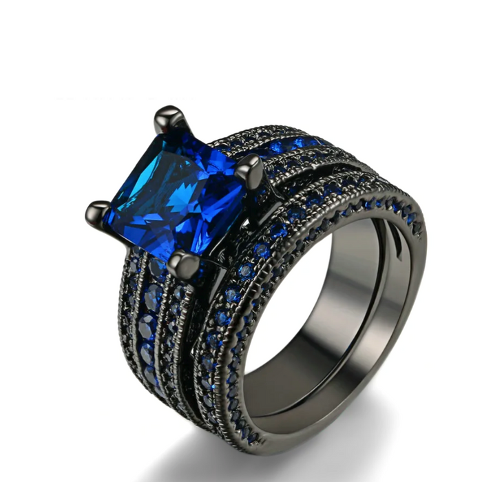 18K Black Gold Plated Moonlight Serenade Blue CZ and Black Gold Solitaire Engagement Ring Set For Woman