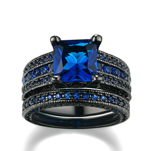 18K Black Gold Plated Moonlight Serenade Blue CZ and Black Gold Solitaire Engagement Ring Set For Woman