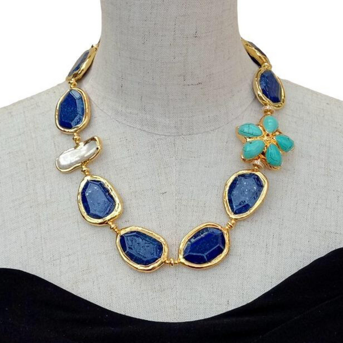 NS 19 Inch Natural Pearl Lapis Lazuli Chunks Turquoise Electroplated Gold 18K Necklace for Women