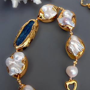 NS 20 Inch Natural White Baroque Pearl Shell and Blue Kyanite Electroplated 18K Gold Chain Necklace for Women