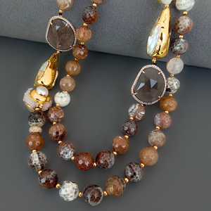 NS 21 Inch Natural Brown Agate Smokey Crystal White Pearl and Druzy Beads Electroplated 18K Gold Plated Chain Double Strand Necklace for Women