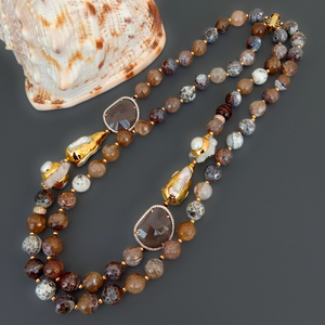 NS 21 Inch Natural Brown Agate Smokey Crystal White Pearl and Druzy Beads Electroplated 18K Gold Plated Chain Double Strand Necklace for Women