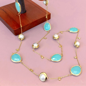 NS 35 Inch Freshwater Cultured Pearl Cyan Crystals Bezel Set 18K Gold plated Chain Necklace for Women