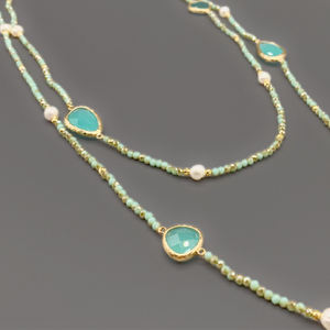 NS 50 Inch Natural Pearl Aqua Quarts and Gold Filled Beads 14K Gold Plated Chain Necklace for Women