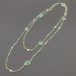 NS 50 Inch Natural Pearl Aqua Quarts and Gold Filled Beads 14K Gold Plated Chain Necklace for Women