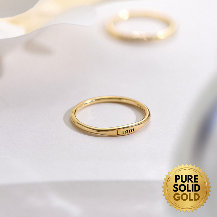 Pure Solid Gold - 18K Solid Yellow Gold Minimalist Name Personalized Engraved Stackable Thin Ring