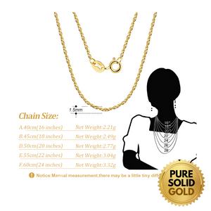 Pure Solid Gold - 14K Solid Gold 1.5mm Diamond Cut Rope Chain Necklace Unisex