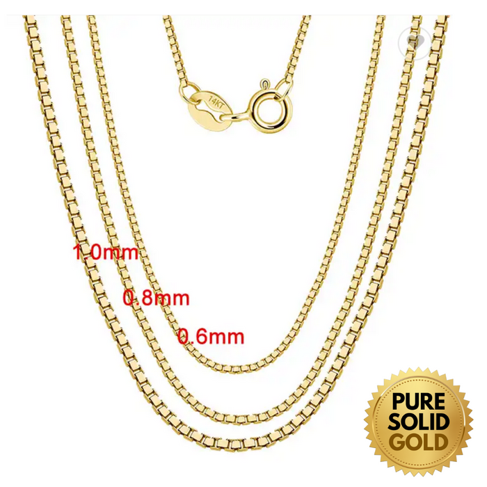 Pure Solid Gold - 14K Solid Gold 0.6mm 0.8mm 1.0mm Box Link Chain Necklace Unisex