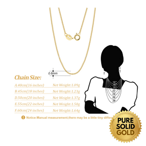 Pure Solid Gold - 14K Solid Gold 0.6mm 0.8mm 1.0mm Box Link Chain Necklace Unisex