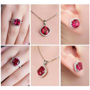 Passion Rubellite Cushion Cut Halo Necklace Ring Earrings