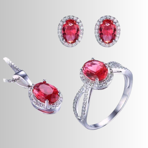 Pink Tourmaline Oval Cut Halo Ring Necklace Earrings