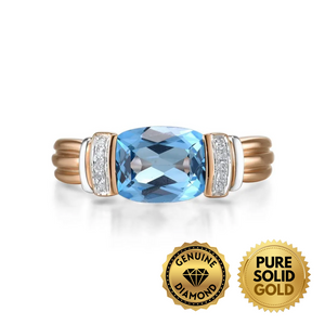 Pure Solid Gold - Elegant 14K Two-Tone Gold Swiss Blue Topaz and Diamond Ring - Women's Jewelry"