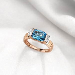 Pure Solid Gold - Elegant 14K Two-Tone Gold Swiss Blue Topaz and Diamond Ring - Women's Jewelry"