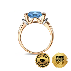 Pure Solid Gold - Elegant 14K Two-Tone Gold Swiss Blue Topaz and Diamond Ring - Women's Jewelry"