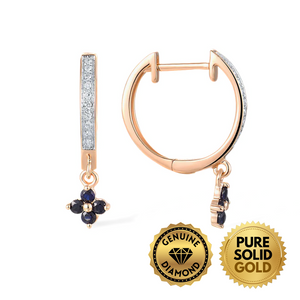 Pure Solid Gold - Genuine Sapphire and Diamond Flower Petite Hoop Earrings in 14K Solid Rose Gold – Unveil Opulent Elegance!