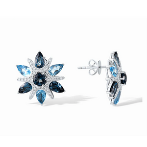 Radiant Elegance: 14K White Gold Star of David Snowflake Stud Earrings with 100 Genuine Diamonds and London Blue Topaz