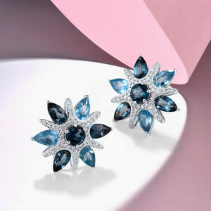 Radiant Elegance: 14K White Gold Star of David Snowflake Stud Earrings with 100 Genuine Diamonds and London Blue Topaz