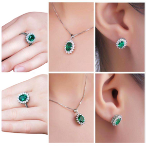 Russian Halo Oval Cut Nano Simulated Emerald Ring Necklace Earrings