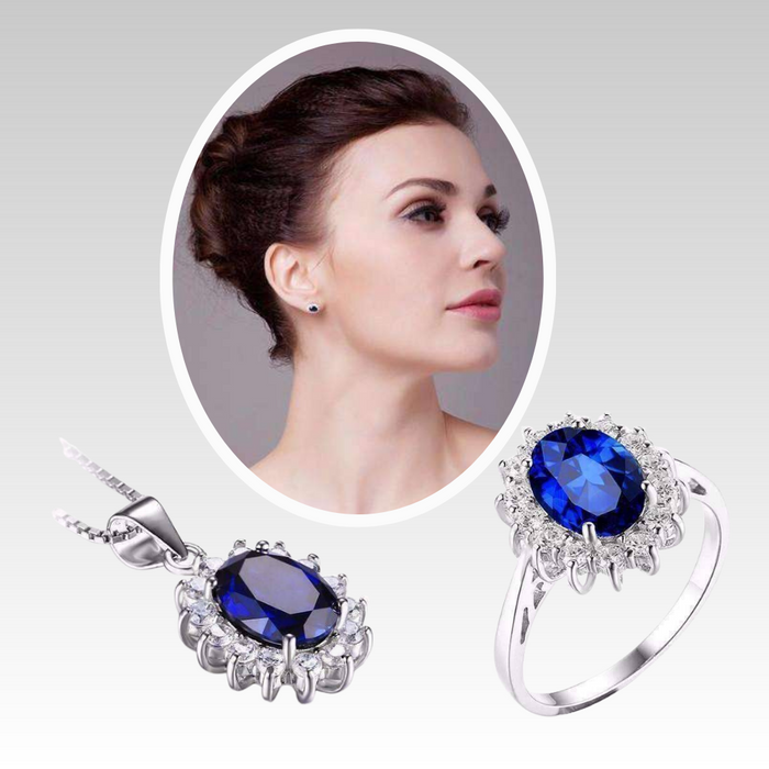 Swiss Blue Oval Cut Simulated Sapphire Halo Ring Necklace Earrings