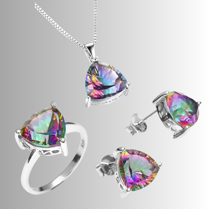 Mystic Topaz Trillion Cut Earrings Ring Necklace