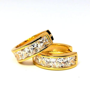 18K Yellow Gold Princess Cut IOBI Crystals Huggie Earrings for Women