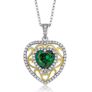 Simulated Emerald Heart Sterling Silver and 18K Yellow Gold Necklace