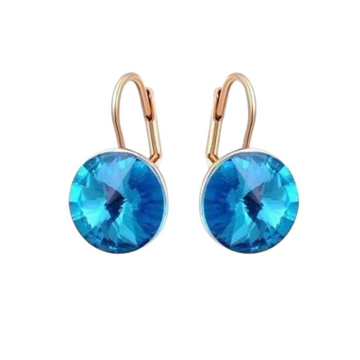 14K Rose Gold Oceanic Blue Austrian Crystal Leverback Earrings for Women