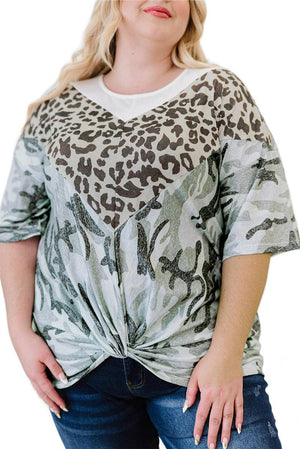 Plus Size Leopard Camo Splicing Twist Knot Half Sleeve T-Shirt