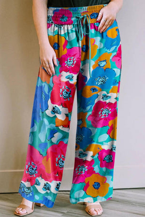 Plus Size Abstract Floral Print Wide Leg Pants