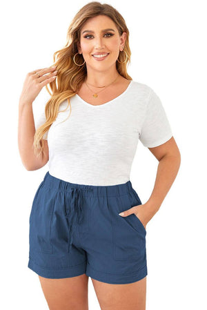 Solid Plus Size Elastic Waist Drawstring Pocket Shorts