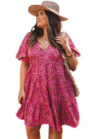 Plus Size Floral V Neck High Waist Dress