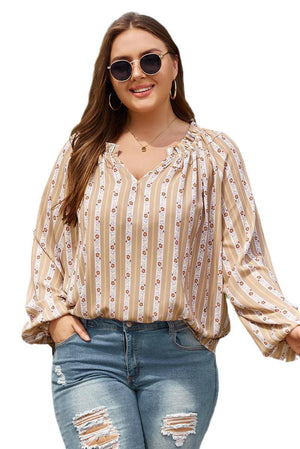 Plus Size Printed V-Neck Drawstring Blouse