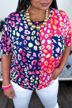 Plus Size Leopard Colorblock Short Sleeve Top