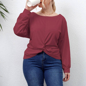 Plus Size Solid Round Neck Twisted Hem Long Sleeve T-Shirt