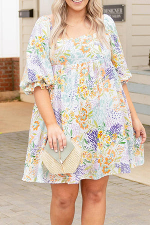 Plus Size Floral Print Ruffle Bubble Sleeve Dress