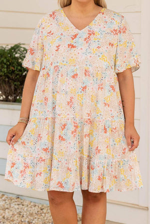 Plus Size Floral V Neck High Waist Dress