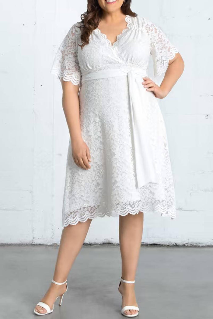 Scalloped Lace Wrap V Neck Plus Size Dress