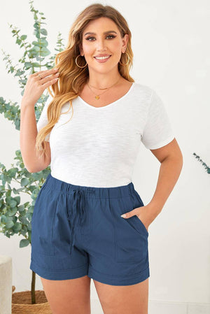 Solid Plus Size Elastic Waist Drawstring Pocket Shorts