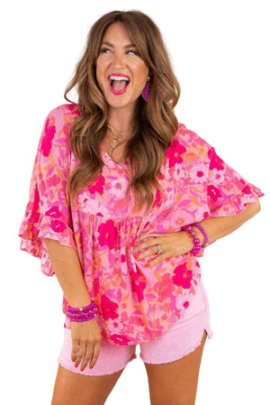 Floral Print Ruffled Half Sleeve Plus Size Blouse