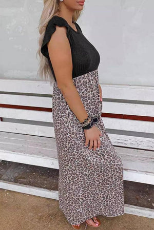 Plus Size Rib Leopard Short Sleeve Maxi Dress