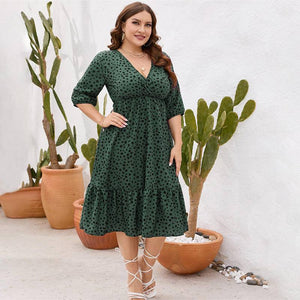 Plus Size Leopard V-neck Balloon Sleeve Dress