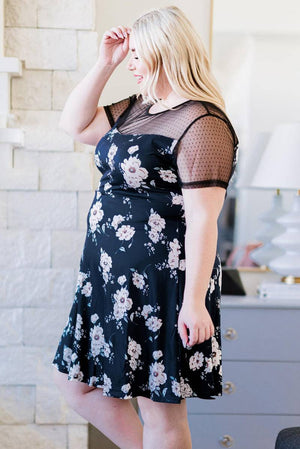 Plus Size Floral Print Polka Dots Mesh Patch Mini Dress