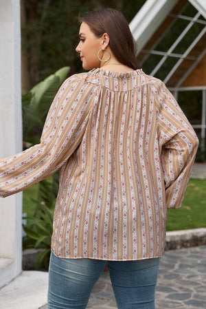 Plus Size Printed V-Neck Drawstring Blouse