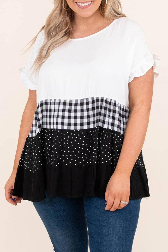 Plus Size Round Neck Plaid Dot Ruffled Top