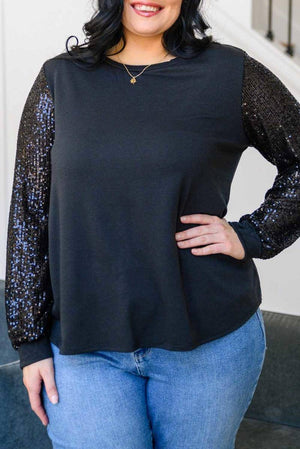 Sequin Contrast Long Sleeve Plus Size Top